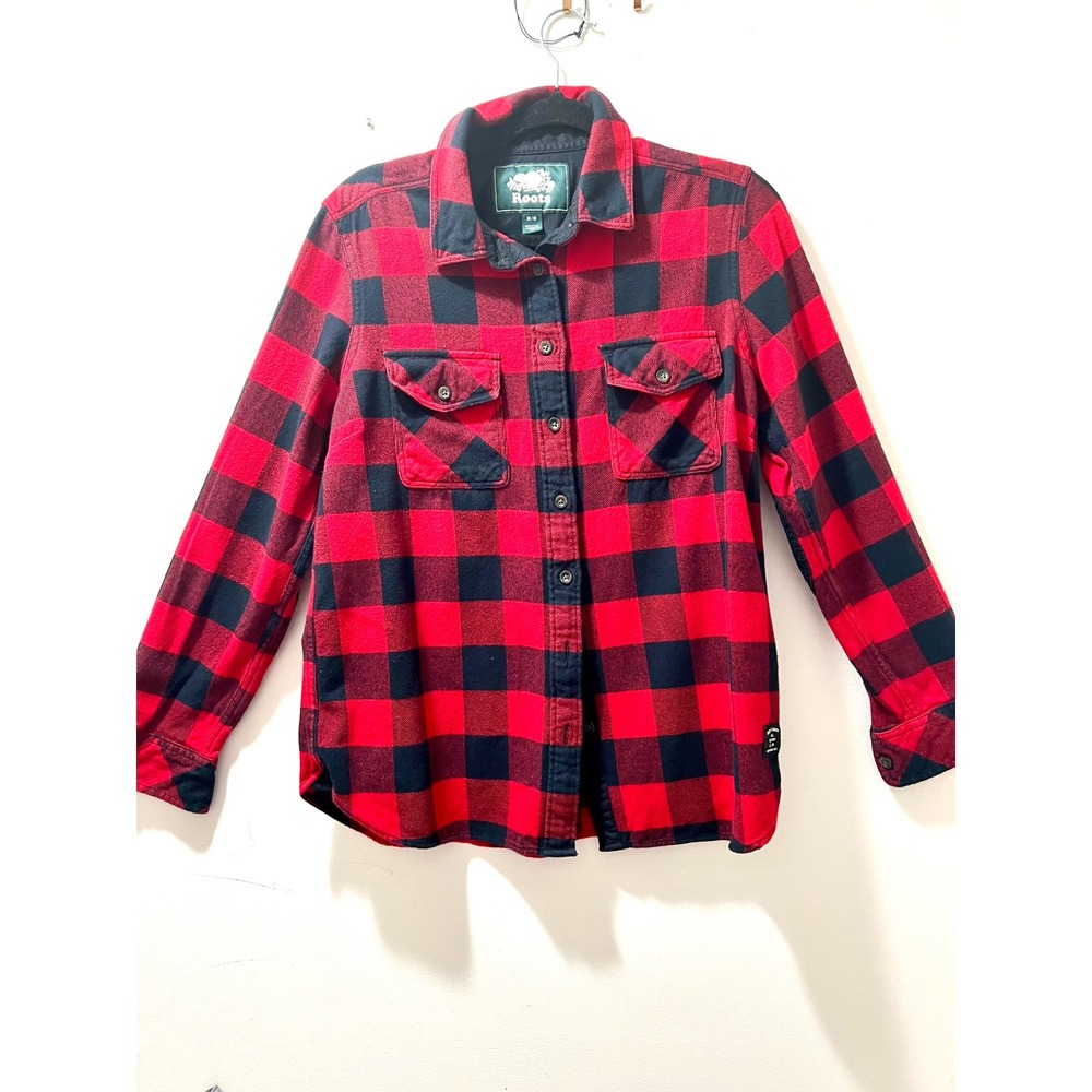 Roots Canada Buffalo Plaid Flannel Shirt Red Black Elbow Patches Medium